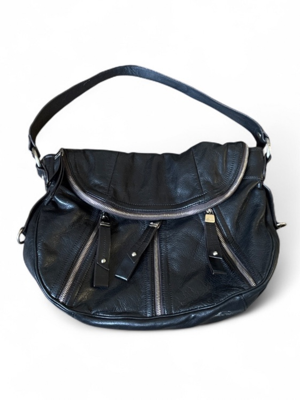 B Makowsky Black Leather Hobo Bag with Leopard Print Lining and Silver Hardware